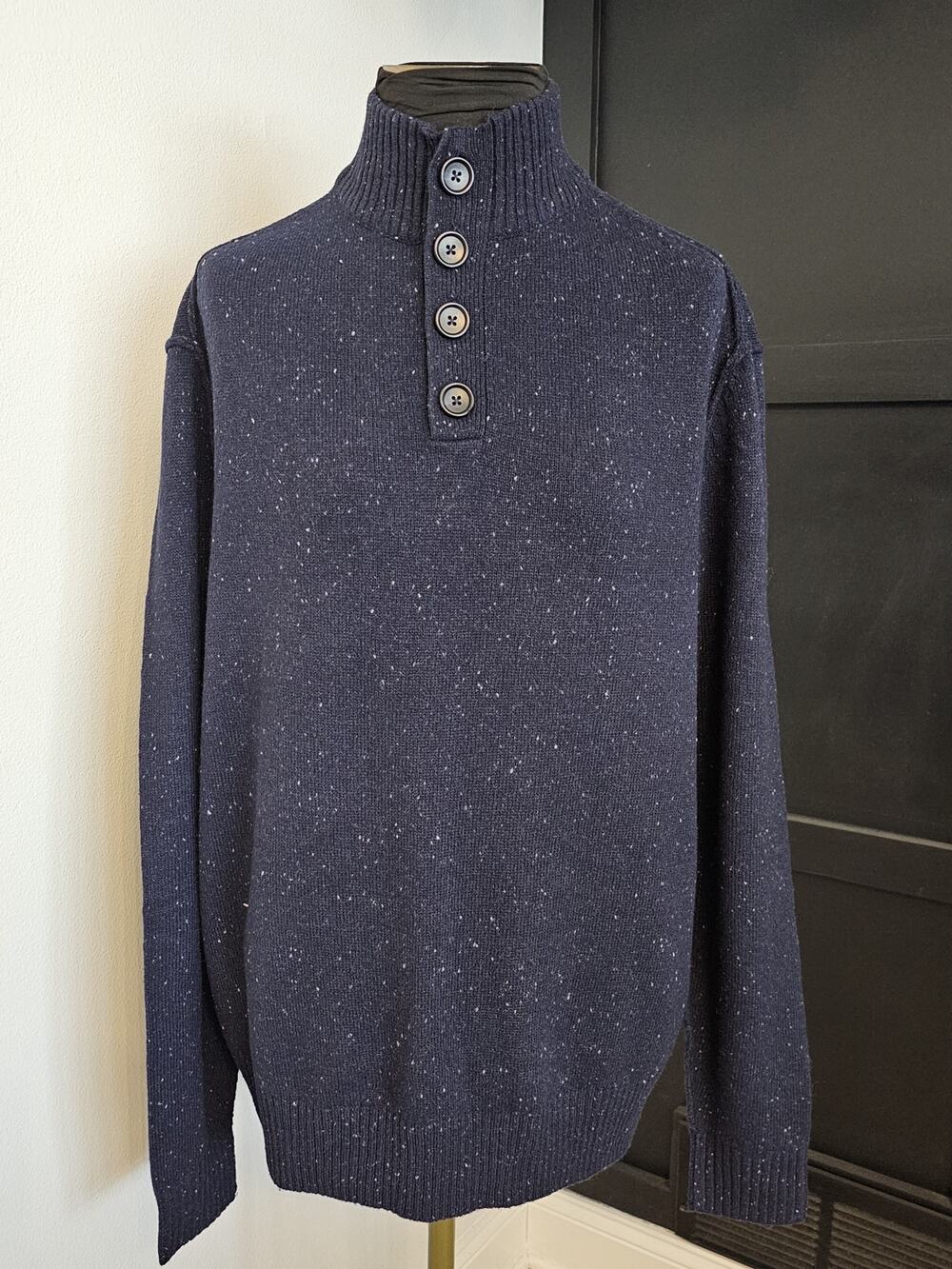 NWT Neiman Marcus Speckled Navy Blue Lambswool Linen Yak Mock Neck Sweater XL